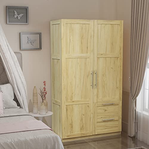 Bituman Bedroom Armoires Wardrobe Closet with Hanging Rod & Drawers and Doors, Wood Closet Organizer with Shelves, Metal Handles,for Bedroom, Oak (39.37”L x 19.49”W x 70.87”H)