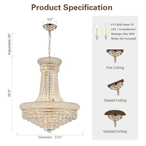 TMAFON Modern Gold Crystal Chandelier Light - Diameter 23.6" Ceiling Haning Chandelier, Pendant Lighting for Living Room, Dining Room, Foyer, Entryway, Hallway