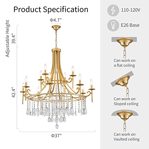 WUZUPS Candle Chandelier 12-Light Wagon Wheel Pendant Ceiling Light Modern Lighting Fixture for Bedroom Hallway Bar Kitchen Dinning Living Room Bathroom, Gold, E12 Base, 37" Wide 42.4" High