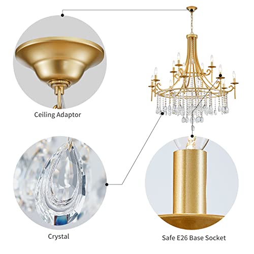 WUZUPS Candle Chandelier 12-Light Wagon Wheel Pendant Ceiling Light Modern Lighting Fixture for Bedroom Hallway Bar Kitchen Dinning Living Room Bathroom, Gold, E12 Base, 37" Wide 42.4" High