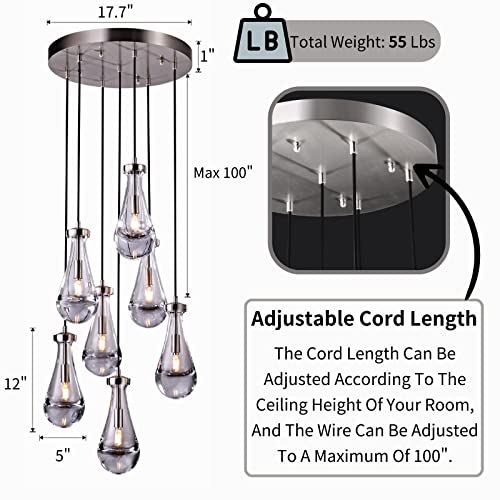 7 Light Raindrop Chandeliers, Adjustable Rope Pendant Lights Kitchen Island, Teardrop Pendant Brush Nickel Dining Room Lights Fixture Hanging Lamp Ceiling For Entryway Hallway Living Room Staircase