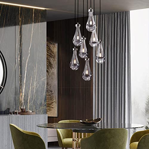 7 Light Raindrop Chandeliers, Adjustable Rope Pendant Lights Kitchen Island, Teardrop Pendant Brush Nickel Dining Room Lights Fixture Hanging Lamp Ceiling For Entryway Hallway Living Room Staircase