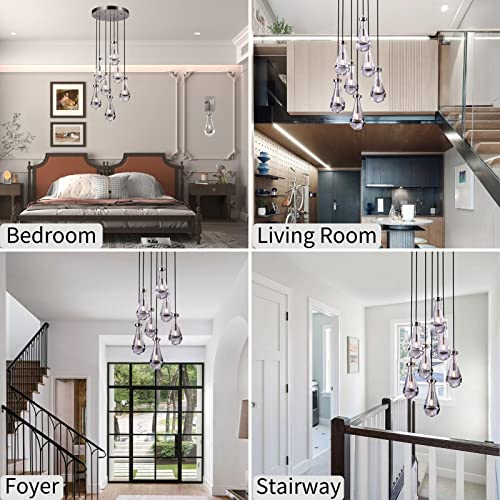7 Light Raindrop Chandeliers, Adjustable Rope Pendant Lights Kitchen Island, Teardrop Pendant Brush Nickel Dining Room Lights Fixture Hanging Lamp Ceiling For Entryway Hallway Living Room Staircase