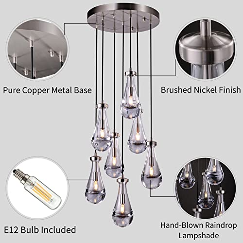7 Light Raindrop Chandeliers, Adjustable Rope Pendant Lights Kitchen Island, Teardrop Pendant Brush Nickel Dining Room Lights Fixture Hanging Lamp Ceiling For Entryway Hallway Living Room Staircase
