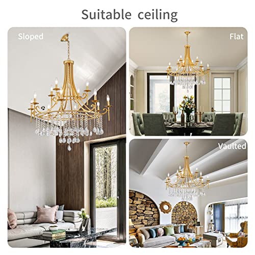 WUZUPS Candle Chandelier 12-Light Wagon Wheel Pendant Ceiling Light Modern Lighting Fixture for Bedroom Hallway Bar Kitchen Dinning Living Room Bathroom, Gold, E12 Base, 37" Wide 42.4" High