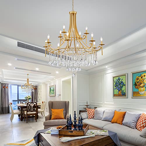 WUZUPS Candle Chandelier 12-Light Wagon Wheel Pendant Ceiling Light Modern Lighting Fixture for Bedroom Hallway Bar Kitchen Dinning Living Room Bathroom, Gold, E12 Base, 37" Wide 42.4" High