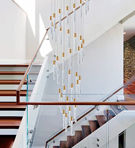 HAIXIANG 36 Lights 196" High Ceiling Chandelier Crystal Golden Light Fixtures Dimmable Pendant Lighting Foyer Chandelier Fixtures for Living Room Staircase Hallway Flush Mount Ceiling Light Gold Lamp