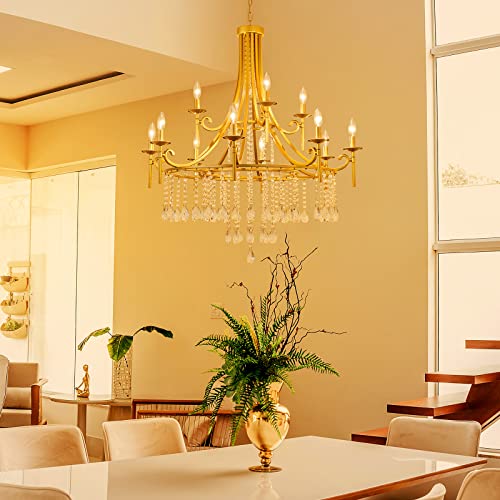 WUZUPS Candle Chandelier 12-Light Wagon Wheel Pendant Ceiling Light Modern Lighting Fixture for Bedroom Hallway Bar Kitchen Dinning Living Room Bathroom, Gold, E12 Base, 37" Wide 42.4" High