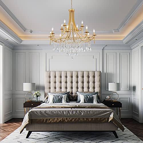 WUZUPS Candle Chandelier 12-Light Wagon Wheel Pendant Ceiling Light Modern Lighting Fixture for Bedroom Hallway Bar Kitchen Dinning Living Room Bathroom, Gold, E12 Base, 37" Wide 42.4" High