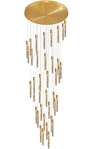 HAIXIANG 36 Lights 196" High Ceiling Chandelier Crystal Golden Light Fixtures Dimmable Pendant Lighting Foyer Chandelier Fixtures for Living Room Staircase Hallway Flush Mount Ceiling Light Gold Lamp