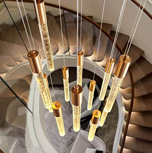 HAIXIANG 36 Lights 196" High Ceiling Chandelier Crystal Golden Light Fixtures Dimmable Pendant Lighting Foyer Chandelier Fixtures for Living Room Staircase Hallway Flush Mount Ceiling Light Gold Lamp