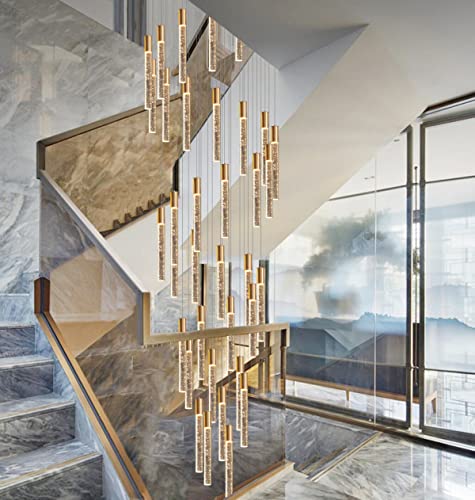 HAIXIANG 36 Lights 196" High Ceiling Chandelier Crystal Golden Light Fixtures Dimmable Pendant Lighting Foyer Chandelier Fixtures for Living Room Staircase Hallway Flush Mount Ceiling Light Gold Lamp