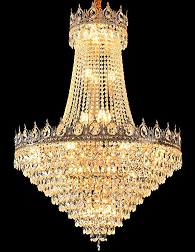 31.8" French Empire Crystal Chandelier Modern Gold Crystal Chandeliers Round Large High Ceiling Sloped Hanging Pendant Light Fixtures for Living Dining Room Hallway Staircase Foyer 26-Lights