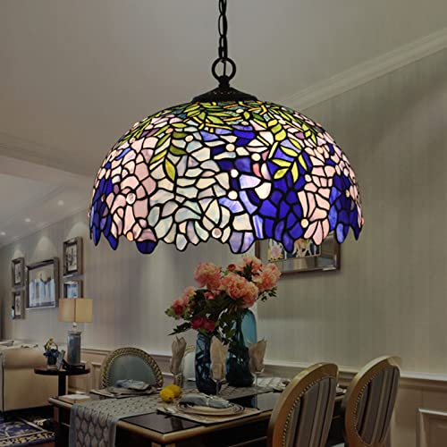 Large Tiffany Pendant Light Wisteria Design Stained Glass Hanging Lamp Handmade 16-Inch Chandeliers for Kitchen Dining Room Foyer Hallway Decorative Lighting