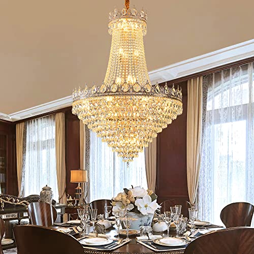 31.8" French Empire Crystal Chandelier Modern Gold Crystal Chandeliers Round Large High Ceiling Sloped Hanging Pendant Light Fixtures for Living Dining Room Hallway Staircase Foyer 26-Lights