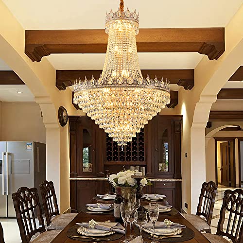 31.8" French Empire Crystal Chandelier Modern Gold Crystal Chandeliers Round Large High Ceiling Sloped Hanging Pendant Light Fixtures for Living Dining Room Hallway Staircase Foyer 26-Lights