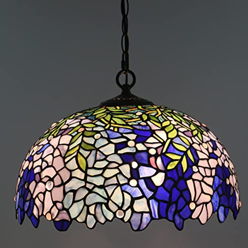 Large Tiffany Pendant Light Wisteria Design Stained Glass Hanging Lamp Handmade 16-Inch Chandeliers for Kitchen Dining Room Foyer Hallway Decorative Lighting