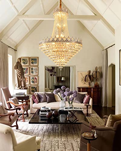 31.8" French Empire Crystal Chandelier Modern Gold Crystal Chandeliers Round Large High Ceiling Sloped Hanging Pendant Light Fixtures for Living Dining Room Hallway Staircase Foyer 26-Lights