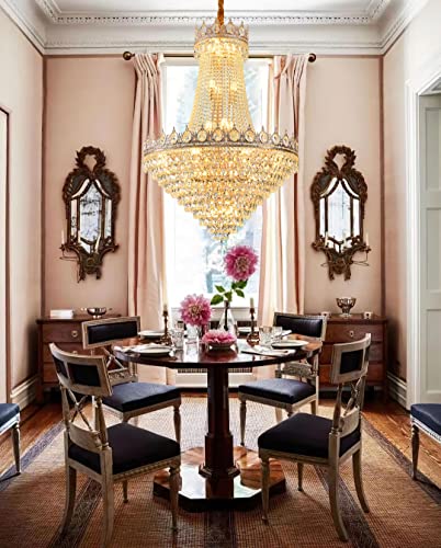 31.8" French Empire Crystal Chandelier Modern Gold Crystal Chandeliers Round Large High Ceiling Sloped Hanging Pendant Light Fixtures for Living Dining Room Hallway Staircase Foyer 26-Lights