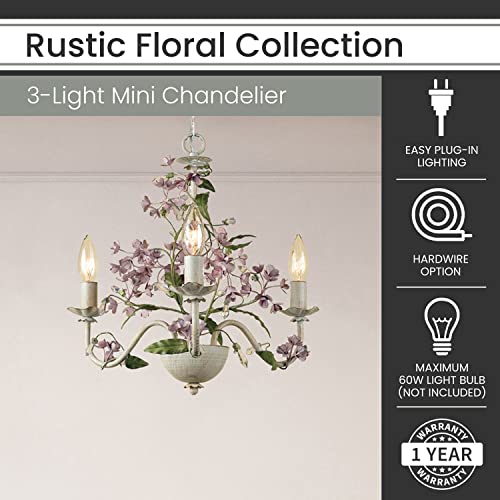 Hanover Rustic Floral Mini Chandelier in Antique Cream and Purple Hanging Light Fixture for Bedroom, Living Room, Hallway, Entryway, Kitchen 3 Lights Hardwire or Plug-in Swag
