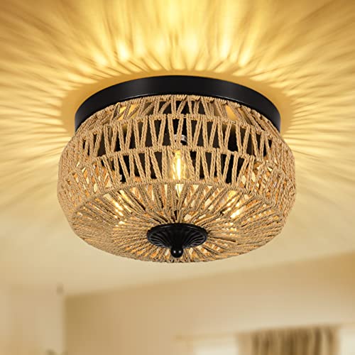 3-Lights Rattan Light Fixtures Ceiling Mount, Boho Farmhouse Woven Flush Mount Ceiling Light, Hand-Worked Cage Shade Rattan Ceiling Lights for Bedroom Kitchen Foyer Porch, Rustic Hallway Light Fixture