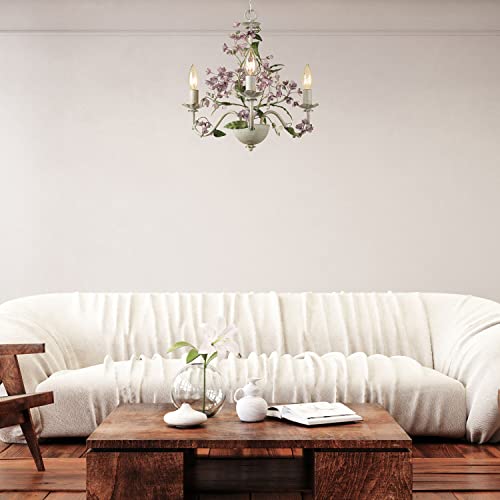 Hanover Rustic Floral Mini Chandelier in Antique Cream and Purple Hanging Light Fixture for Bedroom, Living Room, Hallway, Entryway, Kitchen 3 Lights Hardwire or Plug-in Swag
