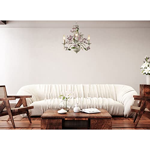 Hanover Rustic Floral Mini Chandelier in Antique Cream and Purple Hanging Light Fixture for Bedroom, Living Room, Hallway, Entryway, Kitchen 3 Lights Hardwire or Plug-in Swag