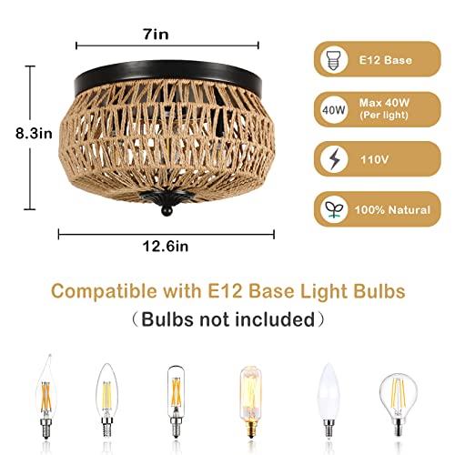 3-Lights Rattan Light Fixtures Ceiling Mount, Boho Farmhouse Woven Flush Mount Ceiling Light, Hand-Worked Cage Shade Rattan Ceiling Lights for Bedroom Kitchen Foyer Porch, Rustic Hallway Light Fixture