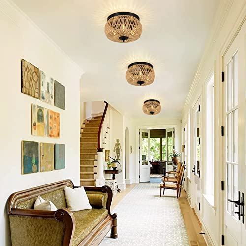 3-Lights Rattan Light Fixtures Ceiling Mount, Boho Farmhouse Woven Flush Mount Ceiling Light, Hand-Worked Cage Shade Rattan Ceiling Lights for Bedroom Kitchen Foyer Porch, Rustic Hallway Light Fixture