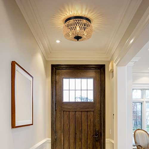 3-Lights Rattan Light Fixtures Ceiling Mount, Boho Farmhouse Woven Flush Mount Ceiling Light, Hand-Worked Cage Shade Rattan Ceiling Lights for Bedroom Kitchen Foyer Porch, Rustic Hallway Light Fixture