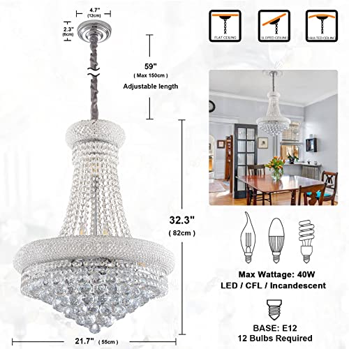 BEIRIO 12-Lights Chrome Finish Classic Empire Style K9 Crystal Ball Chandelier Ceiling Light for Living Room Foyer Dining Room Hallway Bedroom (22×32 inch) New Packaging Easy to Install