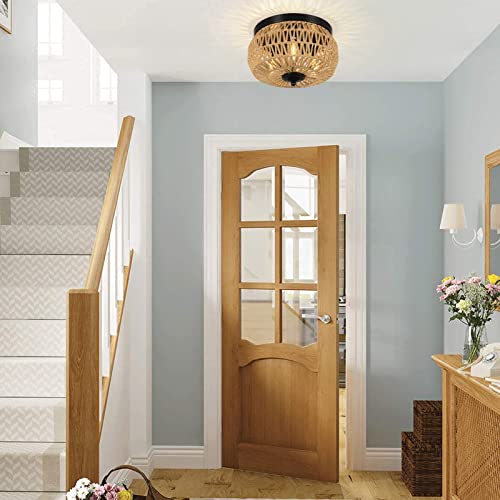 3-Lights Rattan Light Fixtures Ceiling Mount, Boho Farmhouse Woven Flush Mount Ceiling Light, Hand-Worked Cage Shade Rattan Ceiling Lights for Bedroom Kitchen Foyer Porch, Rustic Hallway Light Fixture