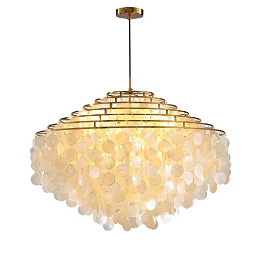 ZEDSUN Natural Capiz Shell Chandelier Lighting,Modern Beach Seashell Coastal Chandelier, Ceiling Hanging Round Layered Pendant Light for Living Room Bedroom Hallway Foyer,Wide-31.49",6 Lights