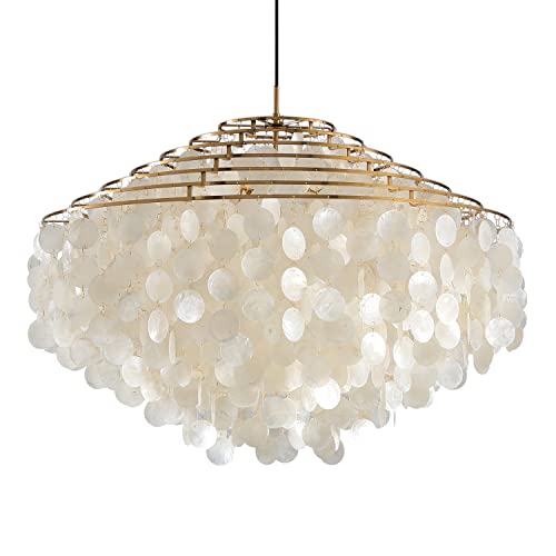 ZEDSUN Natural Capiz Shell Chandelier Lighting,Modern Beach Seashell Coastal Chandelier, Ceiling Hanging Round Layered Pendant Light for Living Room Bedroom Hallway Foyer,Wide-31.49",6 Lights