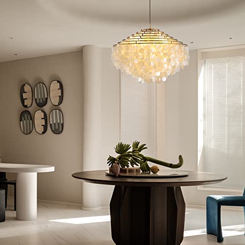 ZEDSUN Natural Capiz Shell Chandelier Lighting,Modern Beach Seashell Coastal Chandelier, Ceiling Hanging Round Layered Pendant Light for Living Room Bedroom Hallway Foyer,Wide-31.49",6 Lights