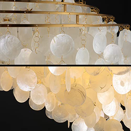 ZEDSUN Natural Capiz Shell Chandelier Lighting,Modern Beach Seashell Coastal Chandelier, Ceiling Hanging Round Layered Pendant Light for Living Room Bedroom Hallway Foyer,Wide-31.49",6 Lights