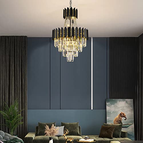 Afficat Modern Crystal Chandelier K9 Raindrop Crystal Chandelier Black Finish 4-Tier Crystal Pendant Ceiling Light Fixture for Dining Room Living Room Foyer Hallway (D24in-14 Lights)