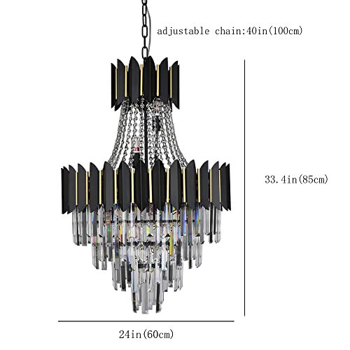 Afficat Modern Crystal Chandelier K9 Raindrop Crystal Chandelier Black Finish 4-Tier Crystal Pendant Ceiling Light Fixture for Dining Room Living Room Foyer Hallway (D24in-14 Lights)