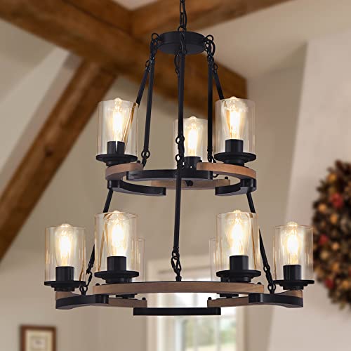 Fabulis 9-Light Wagon Wheel Chandelier, Farmhouse Dining Room Light Fixtures, Vintage Wood Light Chandeliers for Entryway Living Room Bedroom Foyer Hallway (9-Light/Wood, with Glass Shade)