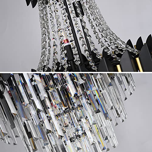 Afficat Modern Crystal Chandelier K9 Raindrop Crystal Chandelier Black Finish 4-Tier Crystal Pendant Ceiling Light Fixture for Dining Room Living Room Foyer Hallway (D24in-14 Lights)