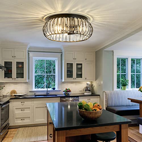 YYJLX 3 Light Flush Mount Ceiling Light Fixtures Modern Crystal Chandelier Black E26 Indoor Lighting for Hallway Bedroom Bathroom Foyer Living Room Dining Room Kitchen.
