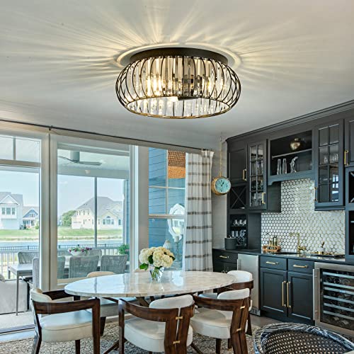 YYJLX 3 Light Flush Mount Ceiling Light Fixtures Modern Crystal Chandelier Black E26 Indoor Lighting for Hallway Bedroom Bathroom Foyer Living Room Dining Room Kitchen.