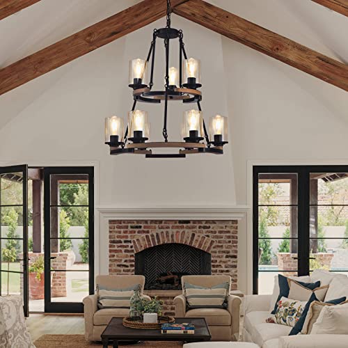 Fabulis 9-Light Wagon Wheel Chandelier, Farmhouse Dining Room Light Fixtures, Vintage Wood Light Chandeliers for Entryway Living Room Bedroom Foyer Hallway (9-Light/Wood, with Glass Shade)