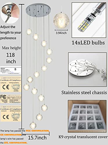 14-Lights Bubble Crystal Chandelier- Modern Chandelier LED Raindrop Ceiling lamp High Ceiling Crystal Large Chandelier Hanging Lighting fixtures G4 Spiral Staircase Light Living Room Hallway Light
