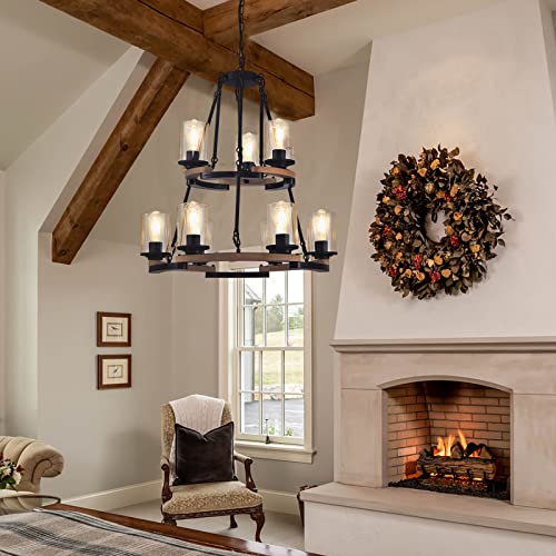 Fabulis 9-Light Wagon Wheel Chandelier, Farmhouse Dining Room Light Fixtures, Vintage Wood Light Chandeliers for Entryway Living Room Bedroom Foyer Hallway (9-Light/Wood, with Glass Shade)