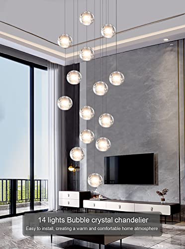 14-Lights Bubble Crystal Chandelier- Modern Chandelier LED Raindrop Ceiling lamp High Ceiling Crystal Large Chandelier Hanging Lighting fixtures G4 Spiral Staircase Light Living Room Hallway Light