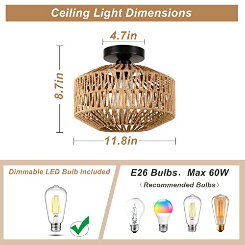 Jobtical Boho Light Fixtures Ceiling Mount,Mini Rattan Chandelier Light Fixture with Dimmable LED Bulb,Hand Woven Ceiling Light Fixtures Flush Mount for Hallway Bedroom Kitchen Entryway Living Room