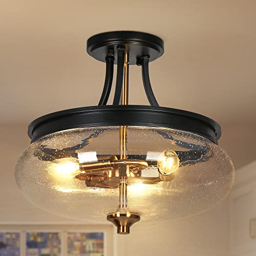 Uolfin Semi Flush Mount Ceiling Light, 3-Light Modern Black and Gold Close to Ceiling Light Fixtures Fishbowl-Shaped Seeded Glass Shade for Hallway Kitchen Bedroom Foyer, 14.2’’ W x 12.5’’ H