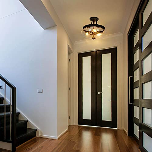 Uolfin Semi Flush Mount Ceiling Light, 3-Light Modern Black and Gold Close to Ceiling Light Fixtures Fishbowl-Shaped Seeded Glass Shade for Hallway Kitchen Bedroom Foyer, 14.2’’ W x 12.5’’ H