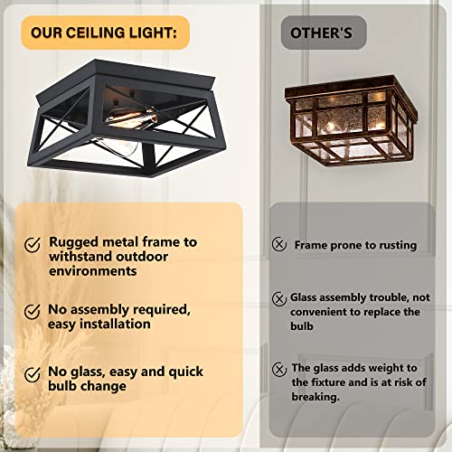 Pia Ricco Flush Mount Ceiling Light Fixture, Outdoor Ceiling Light for Porch, Black Farmhouse Ceiling Light, Modern Industrial Square Light for Entry, Hallway, Kitchen, Rustic Style,2-Light